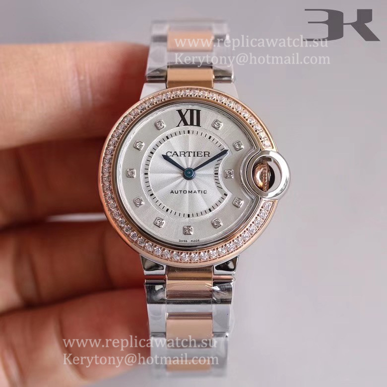Shop Ca*t1er Ballon Bleu 28mm / 33mm / 36mm 3KF SS & Rose Gold Silver Dial Quartz / NH05A Size 28mm