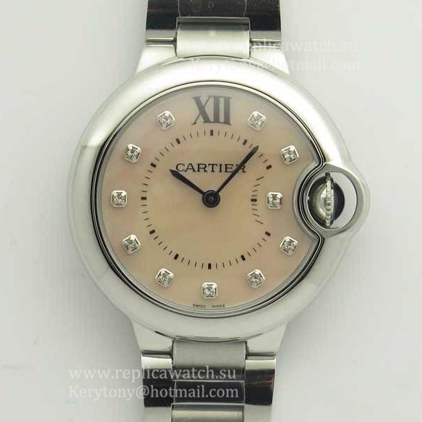 NEW Replica Ca*t1er Ballon Bleu Ladies 33mm  W6920100 V6F SS Pink Mother Of Pearl Dial Ronda Quartz