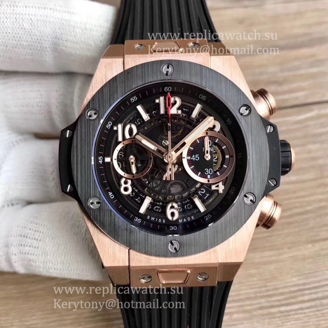 Perfect Replica Hublot Big Bang Unico King Gold Ceramic 411.OM.1180.RX Noob Factory Rose Gold Skeleton Dial HUB1220