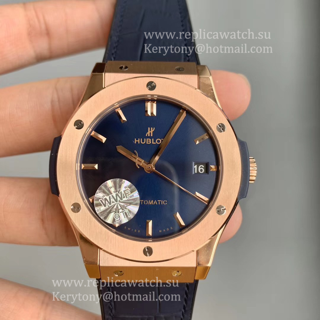 Copy Hublot Classic Fusion 45mm 511.OX.7180.LR WWF Rose Gold Blue Dial HUB1112