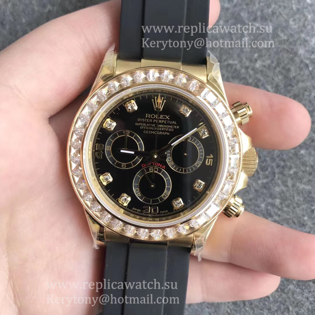 Perfect Replica R01ex Daytona  116518 LN JHF Yellow Gold & D1am0nd Black Dial 4130