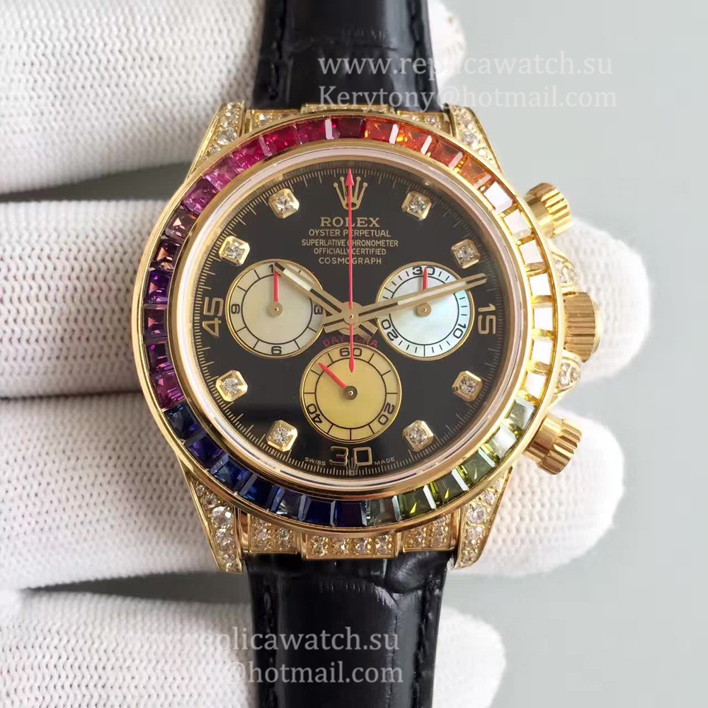 High Quality R01ex Daytona  116598 Rainbow Noob Factory Yellow Gold & D1am0nds Black Dial 7750