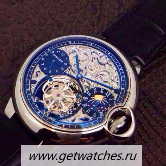 High Quality Ca*t1er Ballon Bleu Tourbillon Moonphase SS Blue & Silver Skeleton Tourbillon