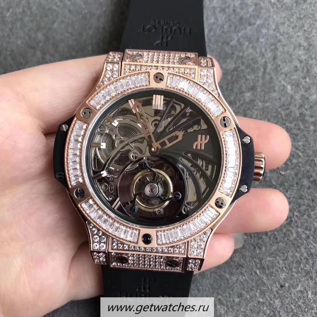 Copy Hublot Big Bang Tourbillon Noob Factory Rose Gold & D1am0nd Skeleton Dial Tourbillon