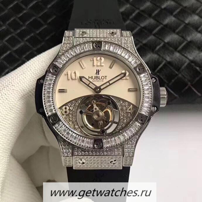 Fake Hublot Big Bang Tourbillon Noob Factory SS & D1am0nds Beige & D1am0nd Dial Tourbillon