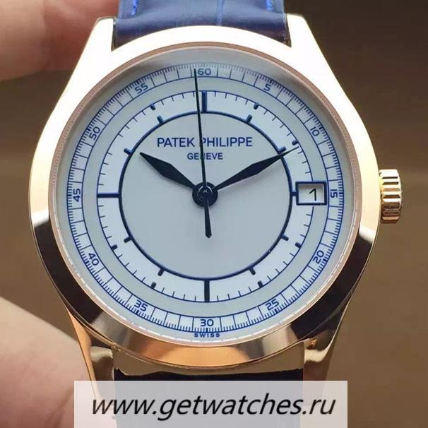 Shop Pat*k Phi1i*pe Calatrava 5296 Rose Gold White & Blue Dial 324SC