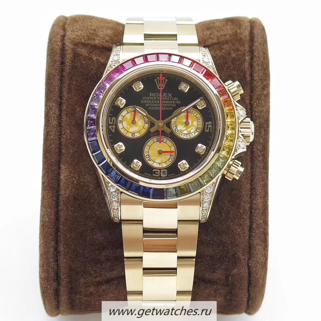 Replica R01ex Daytona Rainbow 116598 RBOW BLF Yellow Gold & D1am0nds Black Dial 4130