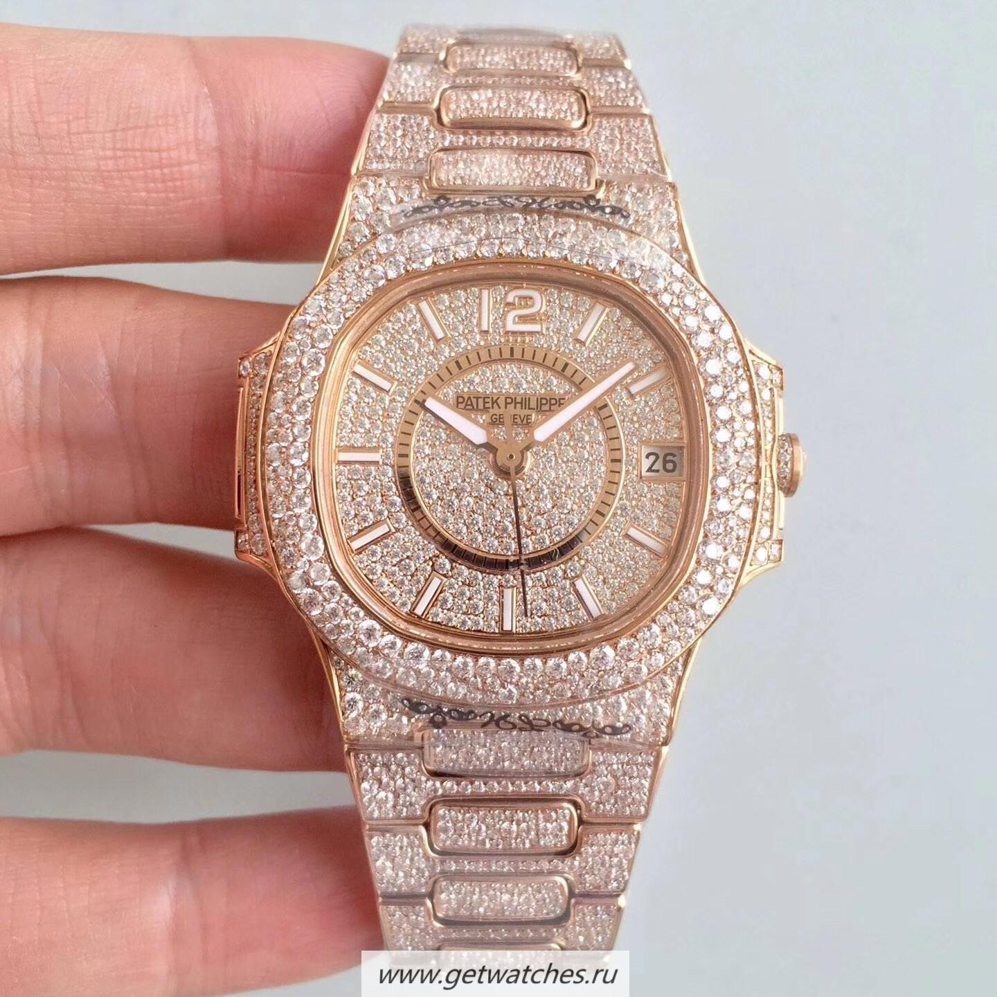 Shop Pat*k Phi1i*pe Nautilus Jumbo Ladies Paved With D1am0nds 7021/1R-001 Noob Factory Rose Gold & D1am0nds D1am0nd Dial M9015