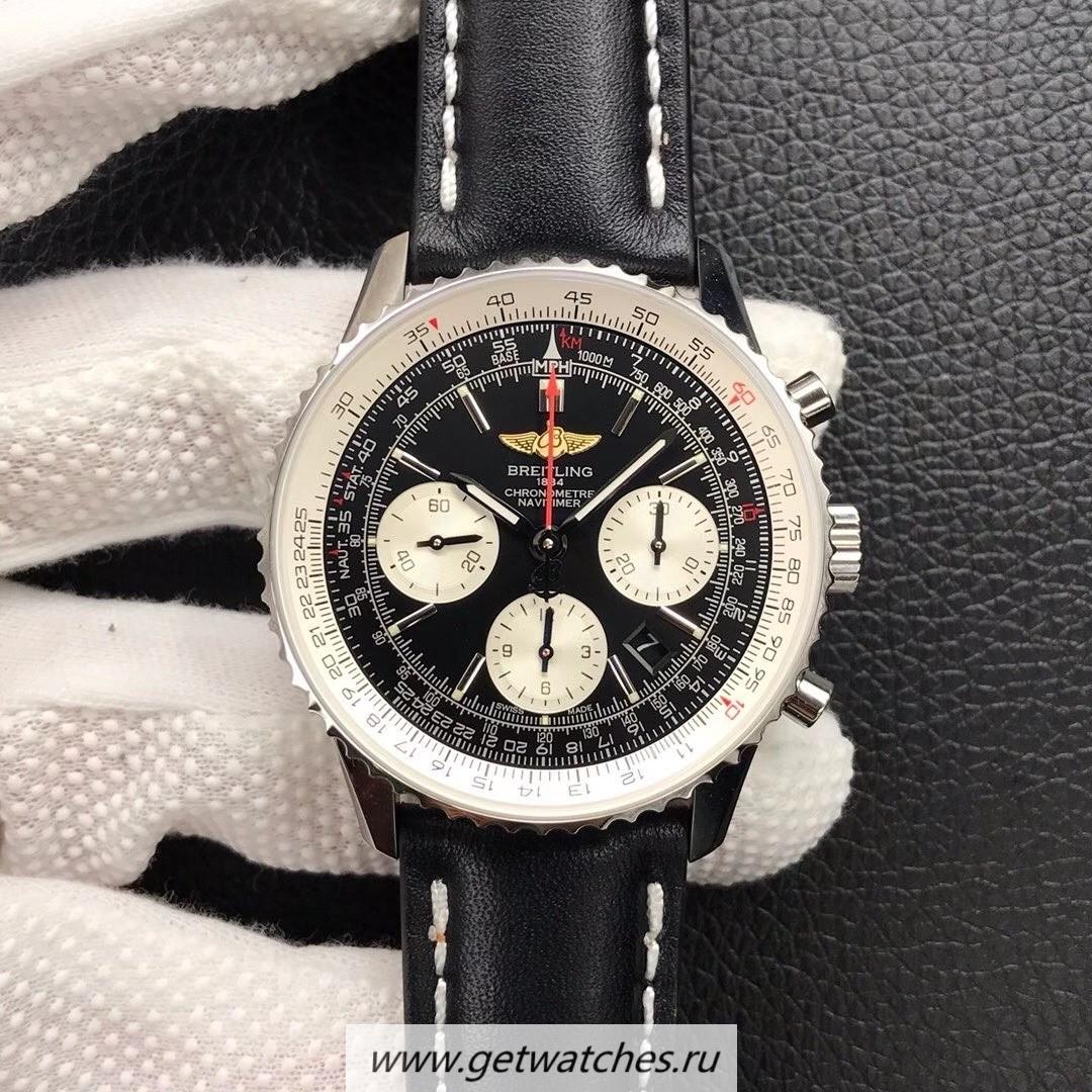 Fake Breitling Navitimer 01 43mm JF SS Black Dial Leather Strap 7750