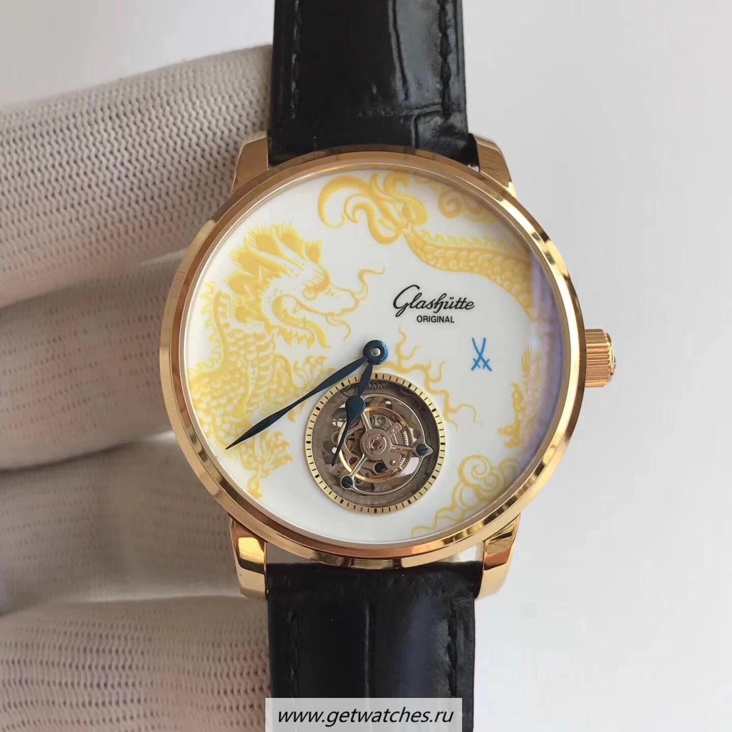 Copy Glashutte Original Senator Meissen Tourbillon Dragon 94-13-02-01-04 Noob Factory Rose Gold White Dial 94-11