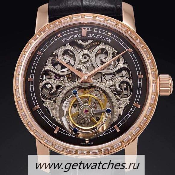 Replica Vacheron C0nstan1n Patrimony Tourbillon 24K Rose Gold Plated & D1am0nds Skeleton & Black Dial Tourbillon