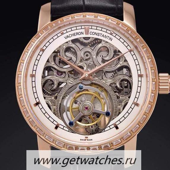 High Quality Vacheron C0nstan1n Patrimony Tourbillon 24K Rose Gold Plated & D1am0nds Skeleton & White Dial Tourbillon