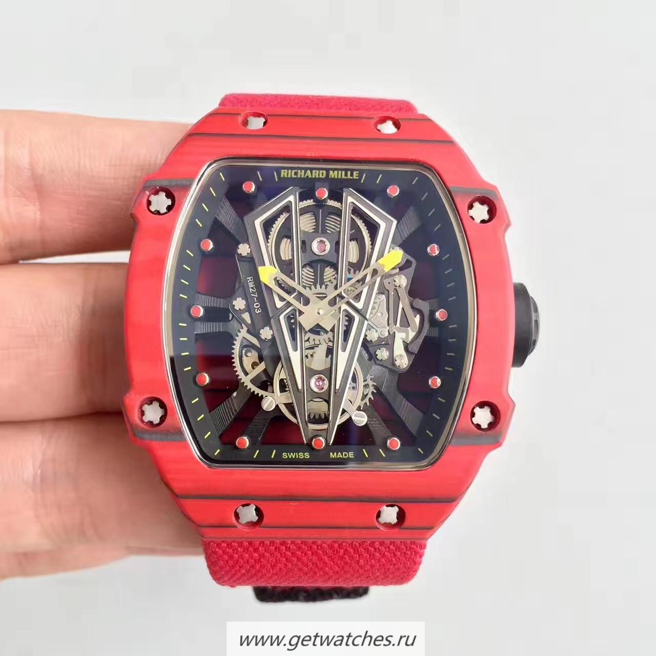 High Quality Richard Mille RM27-03 Rafael Nadal KLF Red Forged Carbon Black Skeleton Dial M9015