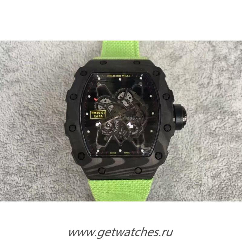 Replica Richard Mille RM35-01 Rafael Nadal Forged Carbon Skeleton Black Dial Green Nylon M9015