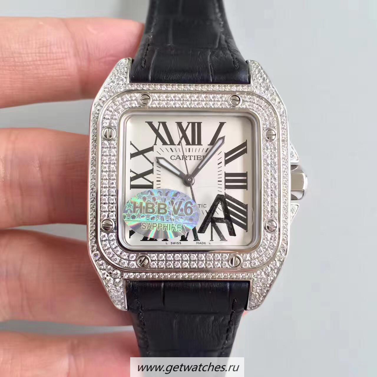 Perfect Replica Ca*t1er Santos 100 WM501751 HBB V6F SS & D1am0nds Silver Dial 2824