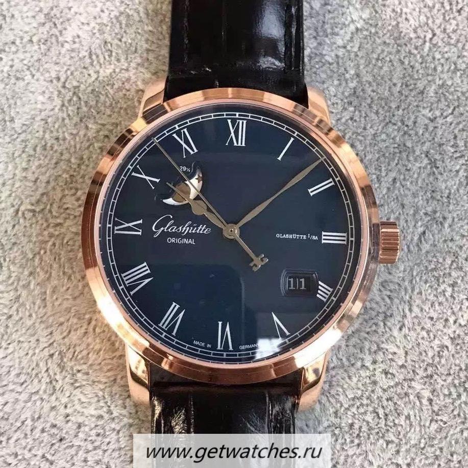 Replica Glashutte Senator Panorama Date Moon Phase 100-04-32-15-04 GF Rose Gold Blue Dial 100-04