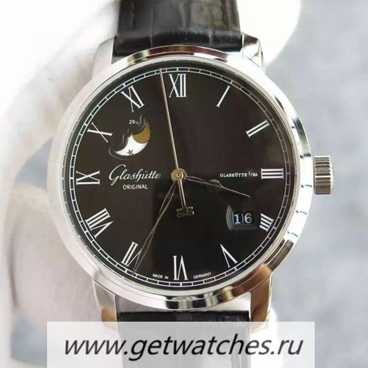 High Quality Glashutte Senator Panorama Date Moon Phase SS Black Dial 100-04