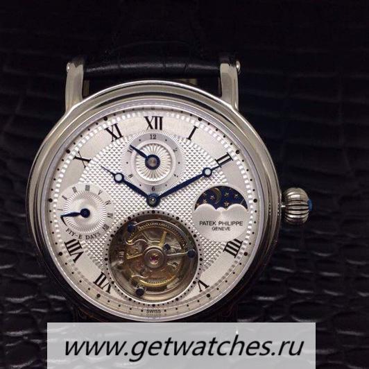 Copy Pat*k Phi1i*pe Tourbillon Moonphase 24H Power Reserve SS White Dial Tourbillon