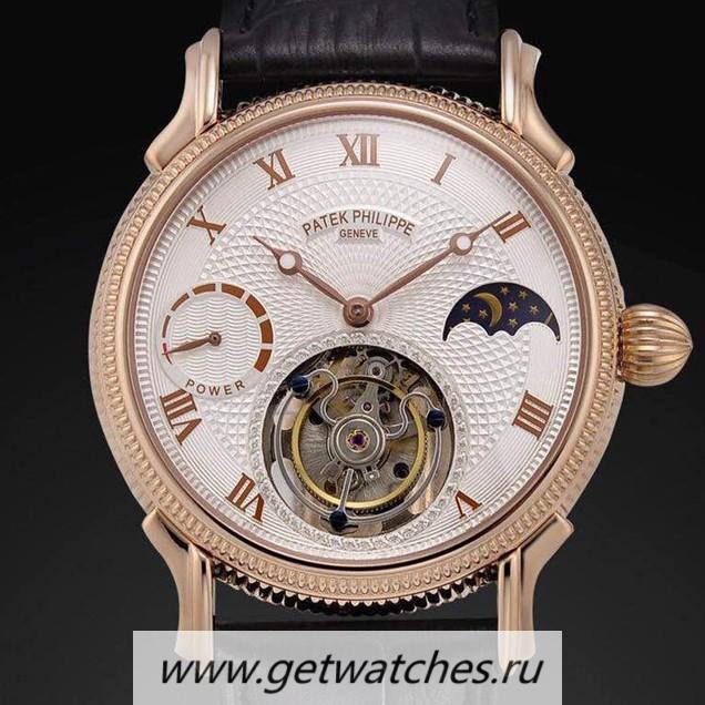 Shop Pat*k Phi1i*pe Tourbillon Moonphase Power Reserve 24K Rose Gold Plated White Dial Tourbillon